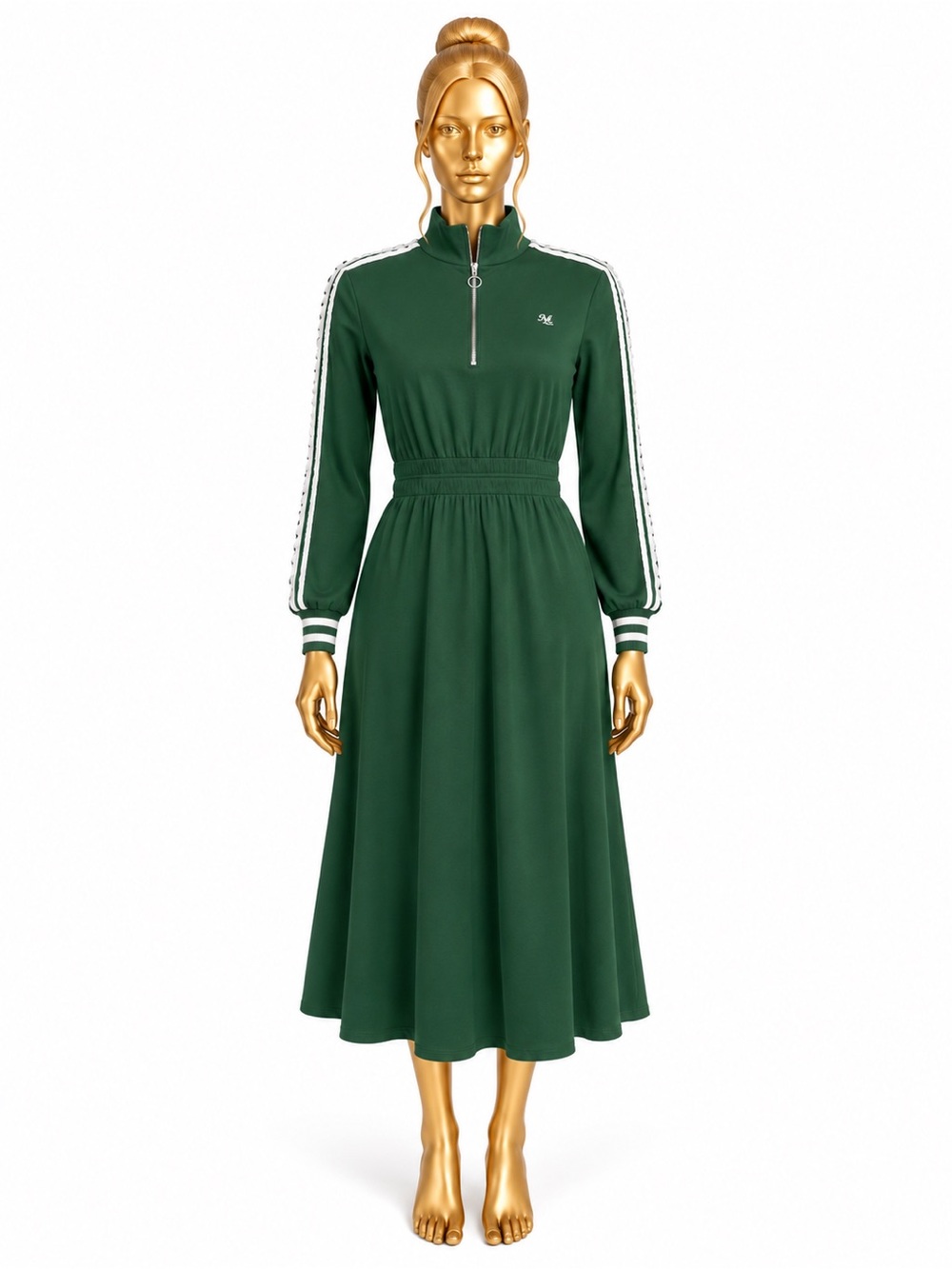 MILA Medium Green Sporty Quarter Zip Midi Dress Varsity Stripe Sleeves